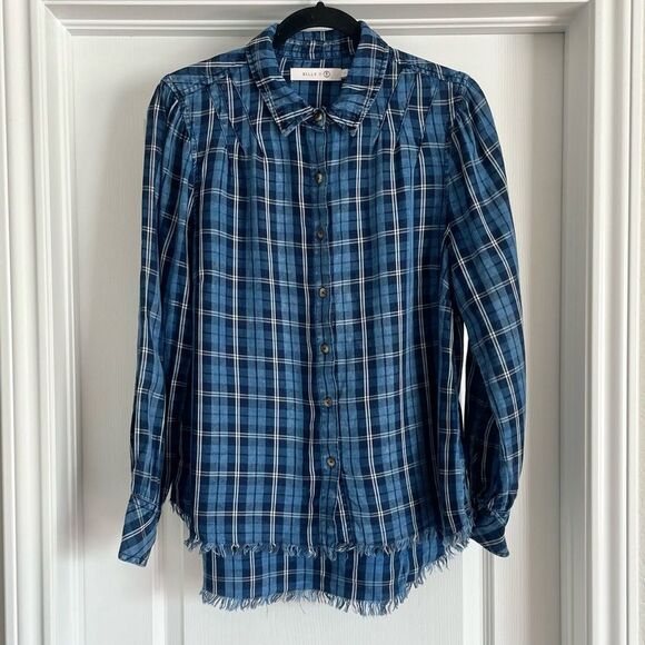💠 Billy T Izzy Pleat Shirt Blue Scotch Plaid Size L - Picture 3 of 11